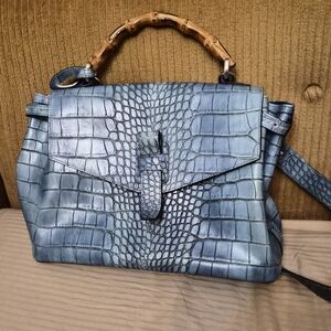 Chic Blue Crocodile-Patterned Satchel with Bamboo Handle